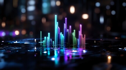 Poster - Glowing neon vertical bars in blue, purple and green colors rising from reflective dark surface against blurred bokeh background, creating futuristic visualization.