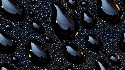 Poster - Shiny black water drops on dark surface with golden light reflection creating dramatic contrast pattern, macro photography for luxury cosmetic advertising.