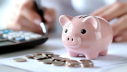 Poster - Pink ceramic piggy bank with scattered coins on financial documents while person calculates budget in background, representing savings and money management.