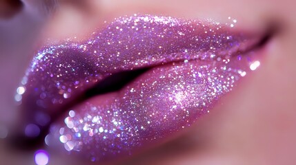 Poster - Sensual lips covered in sparkling pink and purple glitter makeup with glossy finish create glamorous beauty look for cosmetics advertising and fashion content.