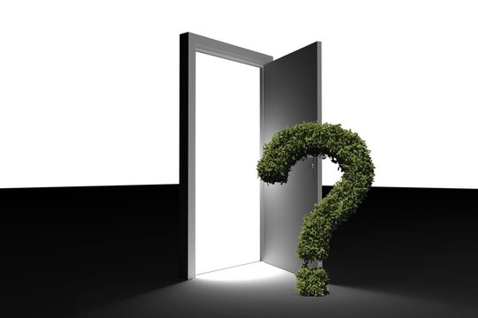 Question mark and door on black floor