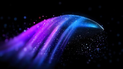 Poster - Glowing cosmic wave with vibrant purple and blue light trails against dark background, sparkling particles creating dynamic motion effect for space designs.
