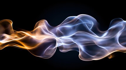 Poster - Ethereal smoke trails in orange and blue colors intertwining against black background create mesmerizing abstract pattern for creative design projects.