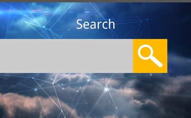 Poster - Showing grey search bar on cloudy network backdrop, yellow button with magnifier icon, Search text