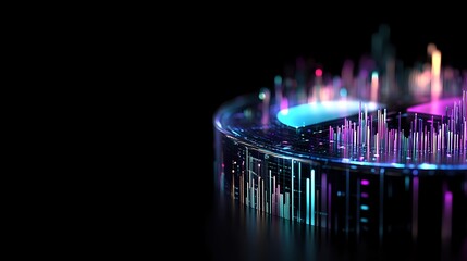 Poster - Glowing digital audio spectrum visualization with neon blue and purple light bars on dark background, modern music equalizer display for sound technology.