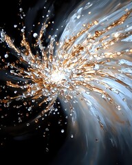 Aufkleber - Dynamic explosion of copper and white particles against dark background creates dramatic motion effect with radiating light burst and scattered metallic elements.
