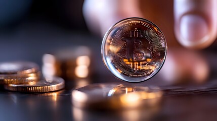 Poster - Shiny cryptocurrency coin with bitcoin symbol reflecting golden light on dark surface with blurred coins in background, macro financial concept.