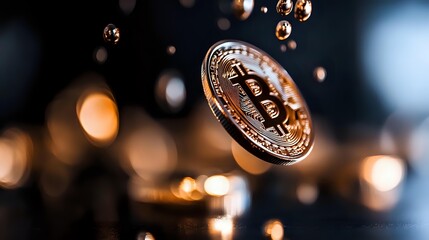 Poster - Shiny golden bitcoin coin floating in dark space with blurred bokeh lights background, cryptocurrency concept for financial technology and banking.