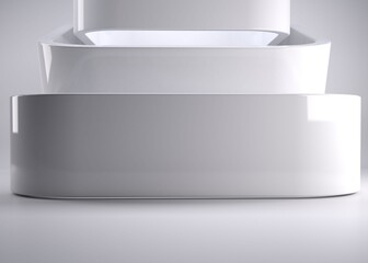 Poster - Stacked white geometric forms are appearing in 3D render studio scene with smooth gray background