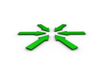 Poster - six green arrows in 3D render are pointing inward on white plane, with subtle shadows