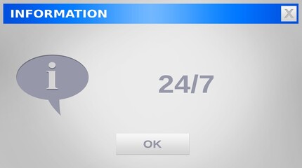 Poster - Information dialog window is showing in flat UI, featuring speech bubble icon, 24 or 7 text, OK butt