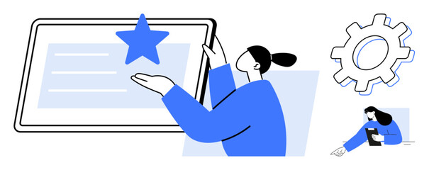 Poster - Woman examining star rating on tablet, gear symbolizing optimization, another individual working on a laptop. Ideal for feedback, reviews, quality assurance, productivity, user experience