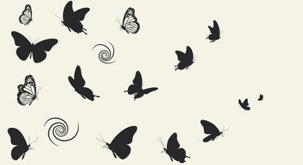 Poster - Silhouette butterflies and spirals pattern on beige background for elegant design