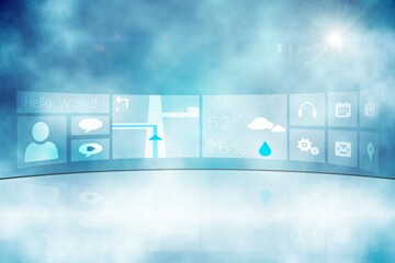 Poster - Futuristic curved digital dashboard floating over bluish mist, showing time, map, weather and icons