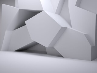 Poster - Large geometric polyhedral shapes are being shown in minimalist 3D gallery with diffused lighting
