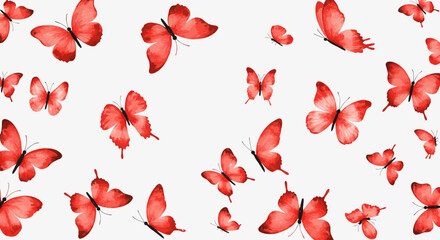 Poster - Delicate dance of red butterflies: Watercolor illustration on a seamless white backdrop