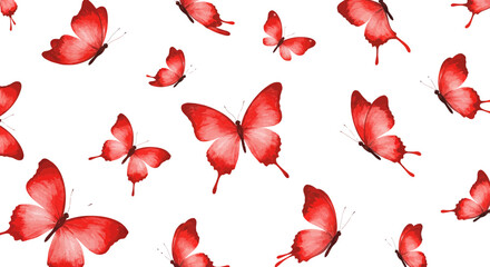 Poster - Vibrant seamless pattern featuring delicate watercolor red butterflies on a white background