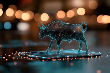 Poster - Glowing blue holographic bull wireframe figure on reflective surface with bokeh lights background creates futuristic technological atmosphere.