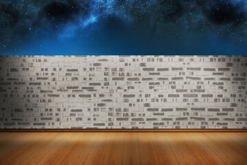 Poster - Flat design is featuring polished floorboards leading into grey-white brick wall with cosmic sky