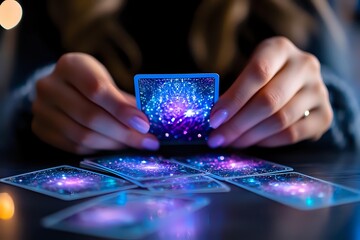 Poster - Mystical tarot cards with glowing cosmic galaxy design spread on dark table, featuring ethereal purple and blue nebula patterns. Fortune telling concept.