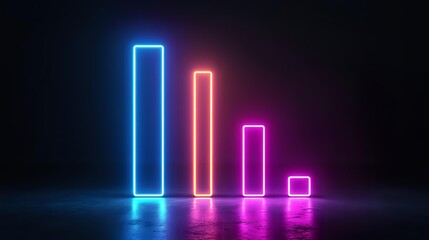 Poster - Glowing neon bar graph showing declining trend with blue, red and pink gradient colors on dark background, modern minimalist design for business presentations.