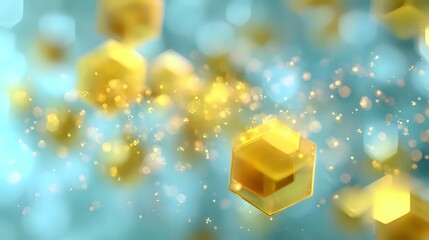 Aufkleber - Glowing golden hexagons floating in turquoise space with sparkling light effects and bokeh background, abstract technological or scientific concept for presentations.