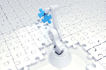 Poster - Digitally generated image of robot arranging puzzle