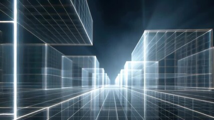 Poster - Futuristic Cityscape with Neon Lights and Abstract Structures in a Dark Environment