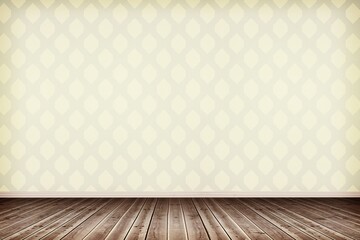 Poster - Flat design illustration is showing empty room with dark brown floor and cream geometric wallpaper