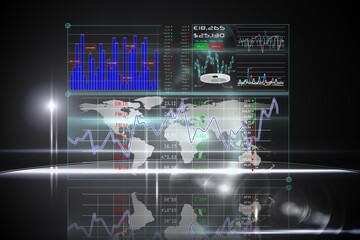 Poster - Futuristic holographic dashboard floating showing charts, pie chart, map, currency buy or sell panel