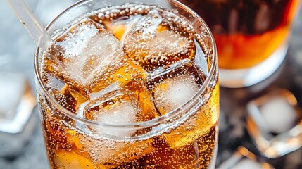 Poster - Refreshing cola drink with ice cubes in glass, fizzy brown carbonated soda with bubbles and condensation drops, selective focus on dark background.
