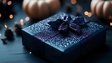 Poster - Dark mysterious gift box with purple bow and glitter sparkles on moody background with bokeh lights and decorative pumpkins, seasonal celebration concept.