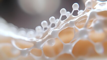 Poster - Macro photography of delicate soap bubbles forming geometric patterns with soft peach and gray bokeh background creating dreamy abstract composition.