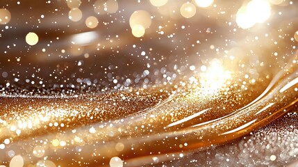 Poster - Magical golden waves with glowing sparkles and bokeh lights on brown background create festive luxury atmosphere for holiday designs and celebrations.