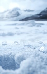 Poster - Transparent ice cubes scattered on fresh snow surface with blurred winter mountain landscape background, creating minimalist cold atmosphere composition.
