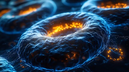 Poster - Glowing blue and orange bacteria cells with luminescent effect on dark background, microscopic view of microorganisms for scientific research and medical studies.