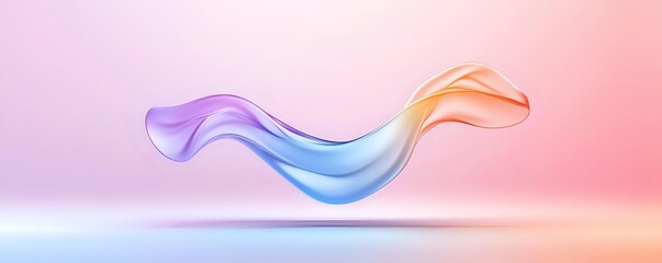 Poster - Flowing translucent wave form in pastel colors floating against soft gradient background, abstract fluid motion design element on isolated backdrop.