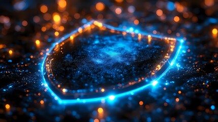 Poster - Glowing blue shield shape with magical sparkles and orange bokeh lights on dark background creates mystical protective barrier effect.