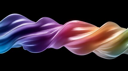 Poster - Colorful flowing abstract wave form with gradient transitions from blue to purple, pink, orange and yellow on black background, isolated design element.