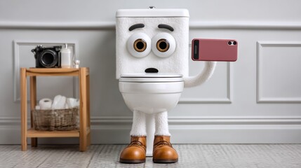 Poster - Cartoon toilet is holding a cell phone and looking at the camera. The toilet is holding a pink phone case
