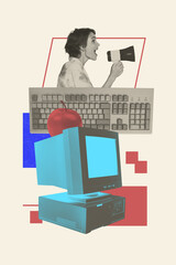Aufkleber - Template collage design trend artwork 3D sketch of computer monitor young lady talk megaphone keypad programmer coding data web writing