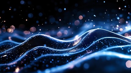 Aufkleber - Glowing blue waves with sparkles and bokeh effects on dark background create magical abstract composition for technology and digital concepts.