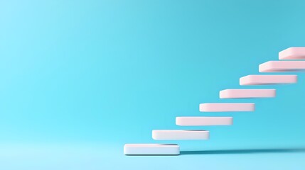 Poster - White ascending steps floating against turquoise background creating minimalist composition with strong diagonal line and soft shadows for business concept.