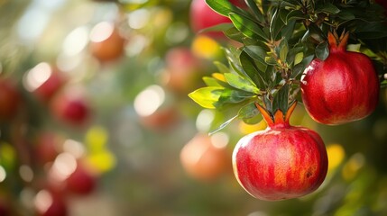Pomegranates hanging from a tree branch in a garden.
