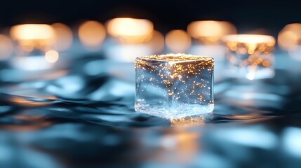 Poster - Glowing ice cube with golden sparkles floating on dark reflective surface against blurred bokeh lights, creating magical atmospheric composition.
