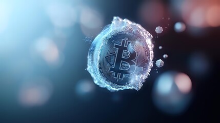 Poster - Frozen bitcoin symbol surrounded by ice crystals and water drops against blurred blue and pink bokeh background, cryptocurrency winter concept.