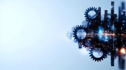 Poster - Modern industrial cityscape merged with mechanical gears, glowing blue technology lights against white background, representing digital transformation and smart city concept.