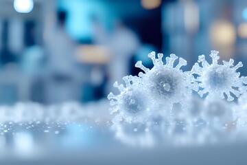 Poster - Microscopic view of virus cells with distinctive spike proteins floating in blue medical environment, scientific research visualization for healthcare and medicine.