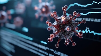 Poster - Red microscopic virus cell floating against blue digital medical data background with glowing light effects and dynamic motion blur for healthcare concept.