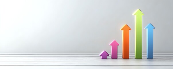 Poster - Colorful ascending arrows showing growth trend on white background with copy space, business success concept visualization for presentations and reports.